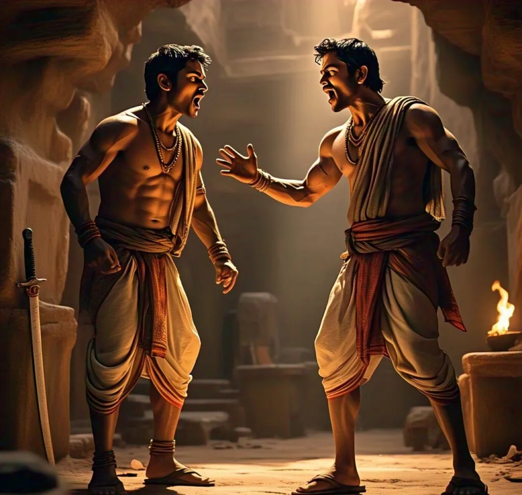 Upon reaching the cave, Mahesh found Kamal already waiting for him. Mahesh felt uneasy, sensing that something was wrong with the whole situation, though he couldn't quite pinpoint what. As their conversation began, starting with their childhood and adolescent bond, Mahesh noticed a growing restlessness on Kamal's face. And as the conversation turned to their first encounter with Apsara Rani and Mahesh's subsequent marriage to her, Kamal's restlessness erupted into rage. It was at that moment that Mahesh understood the true cause of Kamal's unease. Mahesh's intuition prompted him to remain alert, realizing his life might be in danger. Just then, Kamal, in his full rage, drew a sword from its hiding place and lunged at Mahesh. But before Kamal could harm him, Mahesh beheaded him.