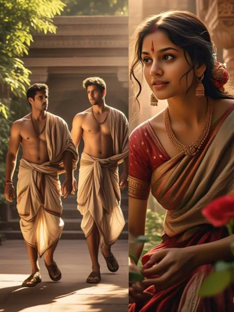 One day, the two brothers were strolling in a garden and happened to see a beautiful young maiden who was also taking a morning walk. They followed her and located her house from a distance. Mustering some courage, they managed to knock on the door of the girl's house. An old woman opened the door, and the brothers inquired about the young lady who had just entered the house. The old lady said, "If you want to meet my niece, you should come and meet her the next morning at the same time and place in the garden." The brothers agreed and left after thanking her.