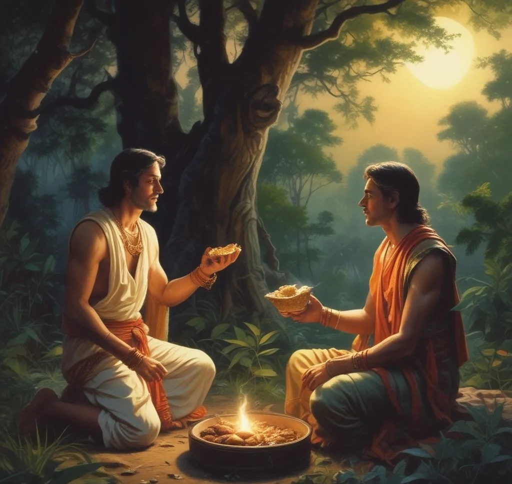 Jitendra then said, "My Majesty, you look tired. Can I offer you my simple meal which I saved for you?" The king gladly accepted his humble meal, which consisted of dry bread and curry, and ate it in no time as he was remarkably hungry. When the king finished eating, Jitendra asked King Dharmendra to sleep while he kept watch the whole night for the king's protection.