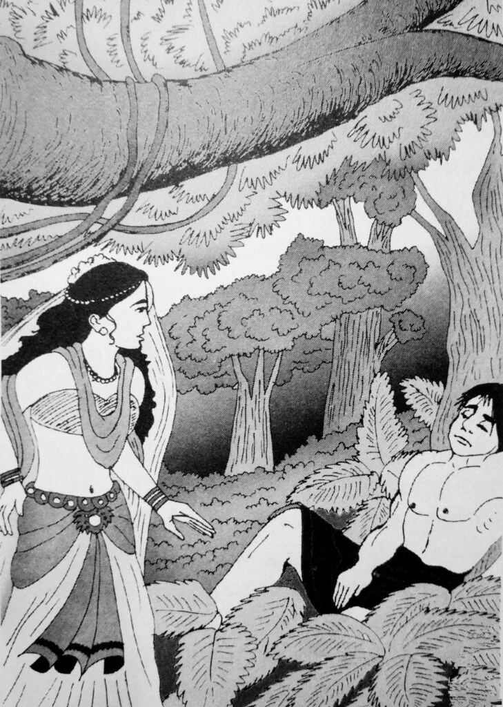 In the Chera dynasty, a beautiful princess named Vanavan Maha Devi lived in the royal palace at Muziris, the Chera capital. One morning, while taking a walk in the royal garden on the outskirts of Vanji, she strolled through the lush greenery of grass and trees when she noticed a young man asleep in the cool shade of a tree. Princess Vanavan Maha Devi woke him and demanded, "Who are you? What are you doing in our royal garden? Do you not know that trespassing is a crime in this kingdom? Had the royal guards found you, they would have thrown you into jail!"