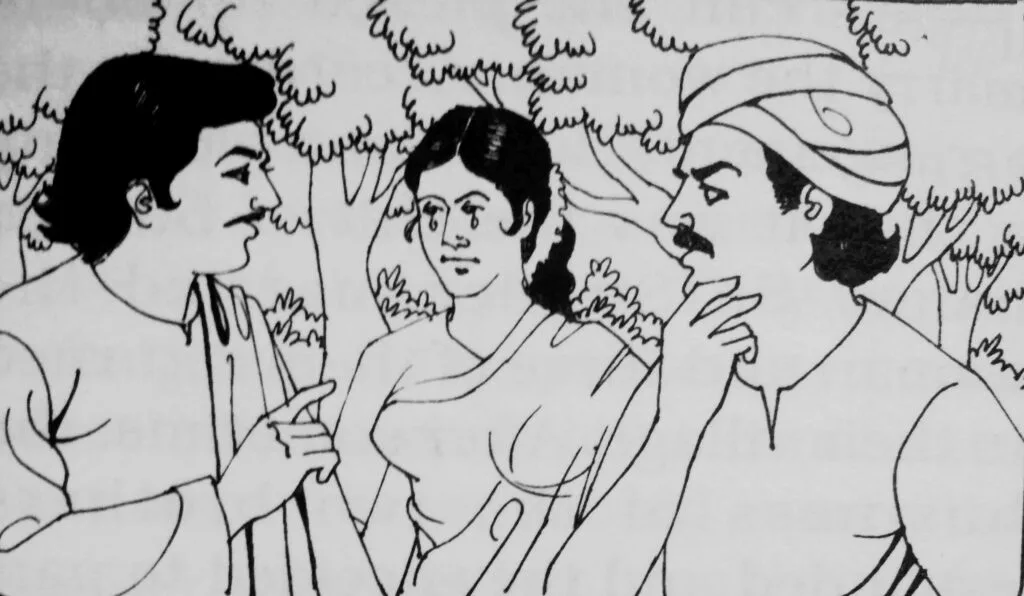 As the brothers trekked through the dense forest, a piercing wail shattered the silence. Exchanging glances, Karan and Arjun followed the sound—their footsteps cautious against the rustling leaves. There, beneath the gnarled branches, sat a woman of striking beauty, her face streaked with tears.