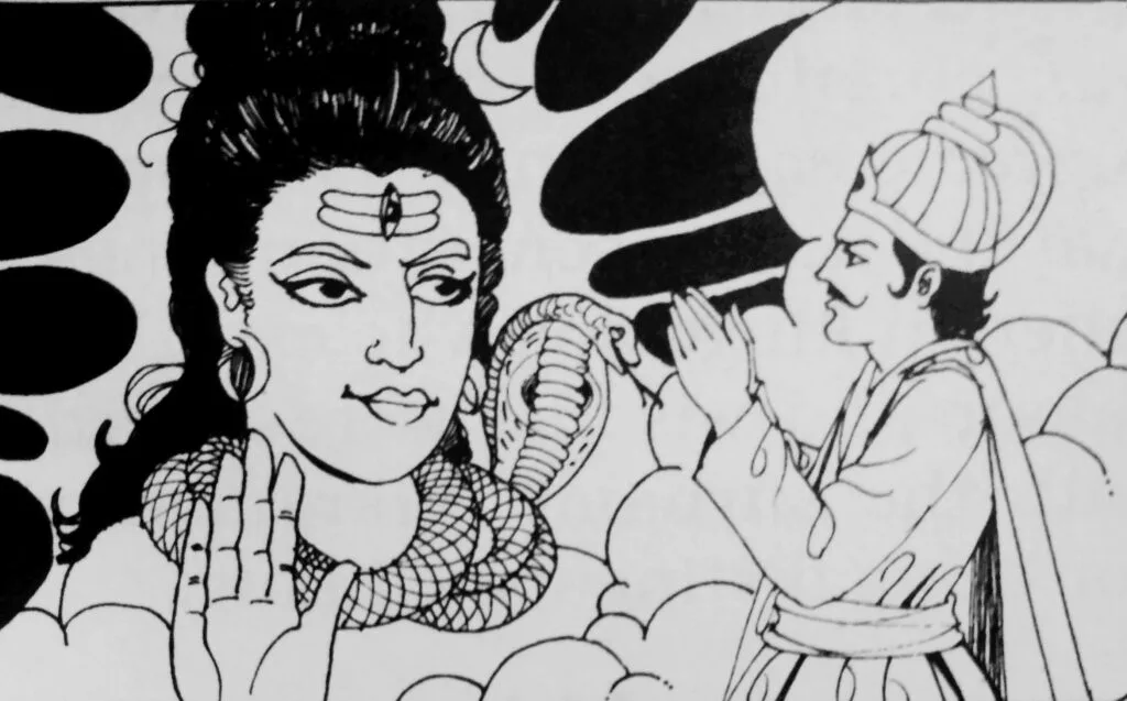 As Betal's luminous form dissolved into the night air, a sudden hush fell over the cremation ground. The very earth trembled as a radiant light manifested - and there stood Lord Shiva, his matted locks crowned with the crescent moon, his third eye glowing with divine approval. The scent of sacred ash and jasmine filled the air as the Destroyer spoke: "Vikramaditya," his voice resonated like a thousand temple bells, "today you wielded your sword as Dharma itself. That demon wore ochre robes, but his heart was blacker than the darkest kaliyuga night. In slaying him, you have purified the earth and earned a place among the righteous kings of legend."