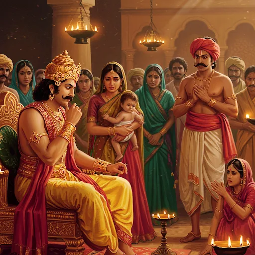 The wise king observed them carefully - the widow's determined stance, the child's innocent eyes, Arjun's agitated protests. After hearing both sides, Harshavardhana stroked his moustache thoughtfully. "The law knows property divisions," he mused, "but Dharma knows deeper obligations..."