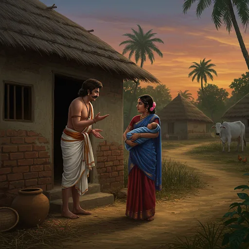 The mourning period had barely ended when Karan's widow stood at Arjun's threshold, her infant son clinging to her waist. "Brother Arjun," she began firmly, "I demand half of your property - not for greed, but for this child who carries your brother's blood." She lifted the boy higher. "This is his birthright before your future wife comes between us. Half now, or nothing later when new loyalties divide your heart."