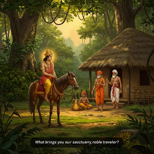 After riding for hours, Parantaka Vira Narayan halted at a peaceful Gurukul nestled in the airy breeze of the jungle, its thatched huts harmoniously framed by lush greenery and ancient trees. As he dismounted to quench his thirst, the horse’s neigh drew the attention of an acharya, who emerged from his dwelling accompanied by a disciple—a former student returned after years in a distant kingdom. The acharya studied the weary king, his eyes kind but probing, and asked, “What brings you to our sanctuary, noble traveler?”