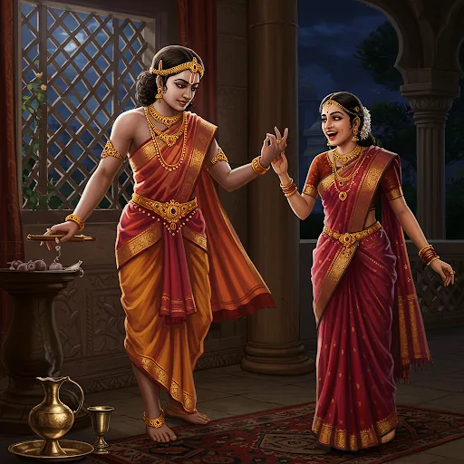 Princess Vanavan's chamber smelled of sandalwood and the faint citrus of nimbu water. When the last servant had withdrawn, Gargi stood frozen near the latticed window. Moonlight caught the strange ring on her finger as she turned it once, twice—then pulled. The transformation came like a sigh: shoulders broadening, jaw squaring, the delicate sari suddenly straining across a warrior's frame. Vanavan's silver cup clattered to the floor. "You!" she breathed, not in alarm but in dawning delight. The Pandyan king ran a self-conscious hand through hair still scented with jasmine oil. "My princess," he murmured, "forgive my deception. Though if you'd seen me try to walk in these bangles, you'd know my punishment began days ago." Vanavan's laughter rang like temple bells as she stepped closer, her curiosity outweighing any proper outrage. Outside, a night heron called across the palace ponds, bearing witness to secrets it would never tell.