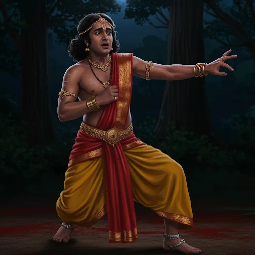 The palace corridors seemed to narrow around Parantaka as he hurried away from the king’s chambers, the weight of Gargi’s borrowed bangles suddenly unbearable against his wrists. Rather than turning toward Princess Vanavan’s quarters, he slipped through the servants’ passage, where the air hung thick with turmeric and tamarind—spices that clung to his silks like accusing fingers. By the time he reached the forest’s edge, the moon had risen, casting long shadows from the aal trees whose crimson sap stained his pallu like bloodstains. With trembling hands, he wrenched the ring from his finger, gasping as his body reclaimed its true form: shoulders broadening, the delicate silver anklets now cutting into masculine ankles, the sweet floral oils in his hair clashing with the sweat of fear.