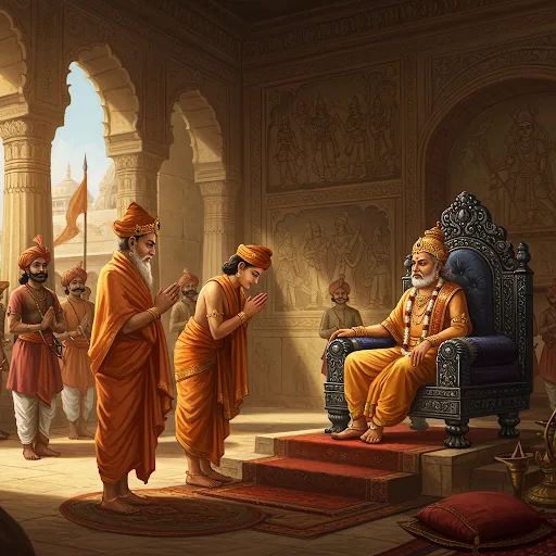 Next morning, Acharya Kanada arrived at the Chera court with King Aditya in tow. The old scholar bowed deeply before the throne. "My gratitude for safeguarding my daughter, Maharaja. I've come to bring Gargi home."