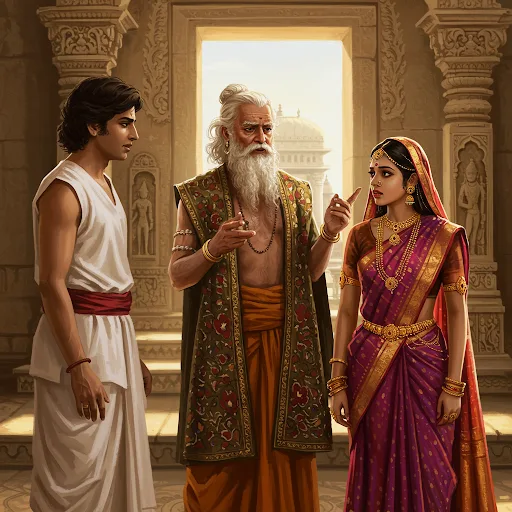 "A daughter’s heart overflows at your kindness, pitah." His voice was honey-steeped, though his toes curled inside Gargi’s silver anklets. "But would my lords deny an old scholar the joy of giving his child away?" He pressed his palms together, the magical ring biting into his skin. "When Acharya-ji returns from Uraiyur with Kaveri’s waters for my wedding bath…" A deliberate pause, "then let this unworthy one serve your noble house."