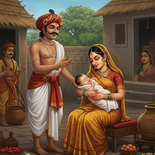 Time flowed like river water. Karan's wife bore him a son - their home brimmed with joy at this new life.