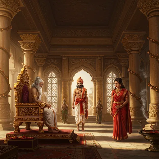 The Chera court at Vanji welcomed Acharya Kanada with the reverence due to a scholar of his stature. Incense curled around the carved pillars as the Chera king rose from his pearl-inlaid throne, his gold armbands glinting in the afternoon light. "Acharya-ji," he boomed, "what brings wisdom itself to our humble court?" The aging scholar bowed, his white beard brushing the polished floor. Beside him, his "daughter" Gargi kept her eyes demurely lowered, though the set of her shoulders betrayed a tension unbefitting a simple Brahmin girl.