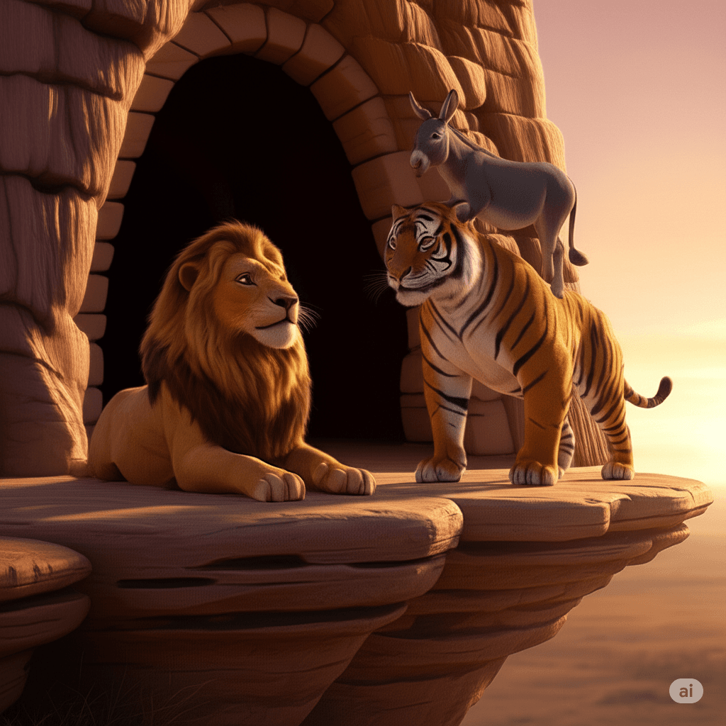 The Lion King reclined on his favorite sandstone ledge, tail flicking lazily. His golden eyes widened slightly - the only sign of his surprise at seeing a battle-weary tiger with a donkey perched smugly between his shoulder blades like some absurd trophy.