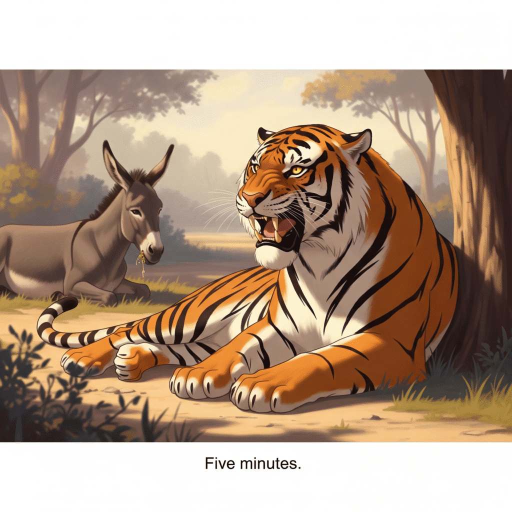 "Rest," the tiger growled through gritted teeth, his flanks heaving. "Five minutes." But even as he said it, he knew the donkey would stretch those minutes into an hour. The creature was already lounging like royalty, happily munching on some nearby shrubs.