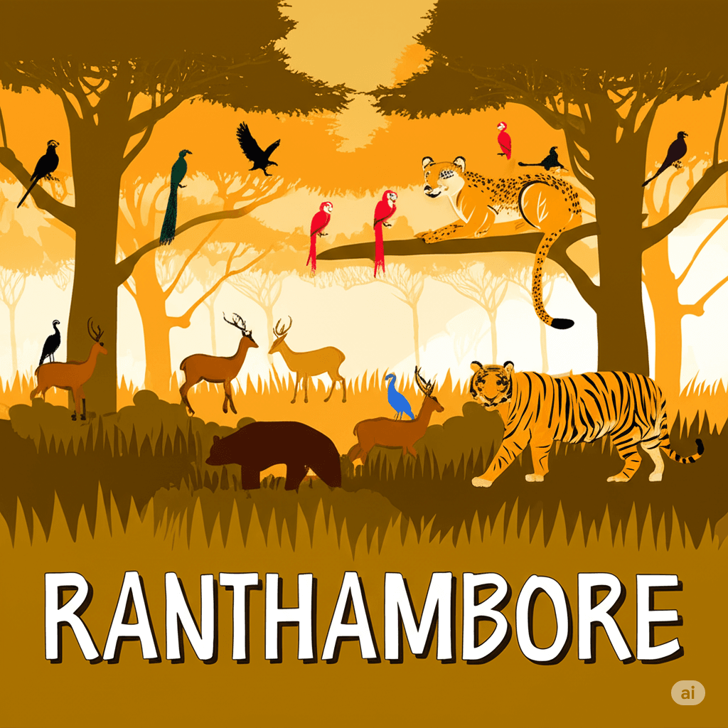 Ranthambore sprawls as a vast, sun-baked forest, teeming with life—where tigers stalk shadows, leopards lounge in acacia branches, and sloth bears amble through the underbrush. Striped hyenas skulk at dusk, while sambar and chital deer flicker between trees like ghosts. Nilgai (those blue-gray giants), wild boars, and jackals share the land with sunning marsh crocodiles. Even donkeys bray alongside chattering langurs, while birds of every feather flit through the canopy.