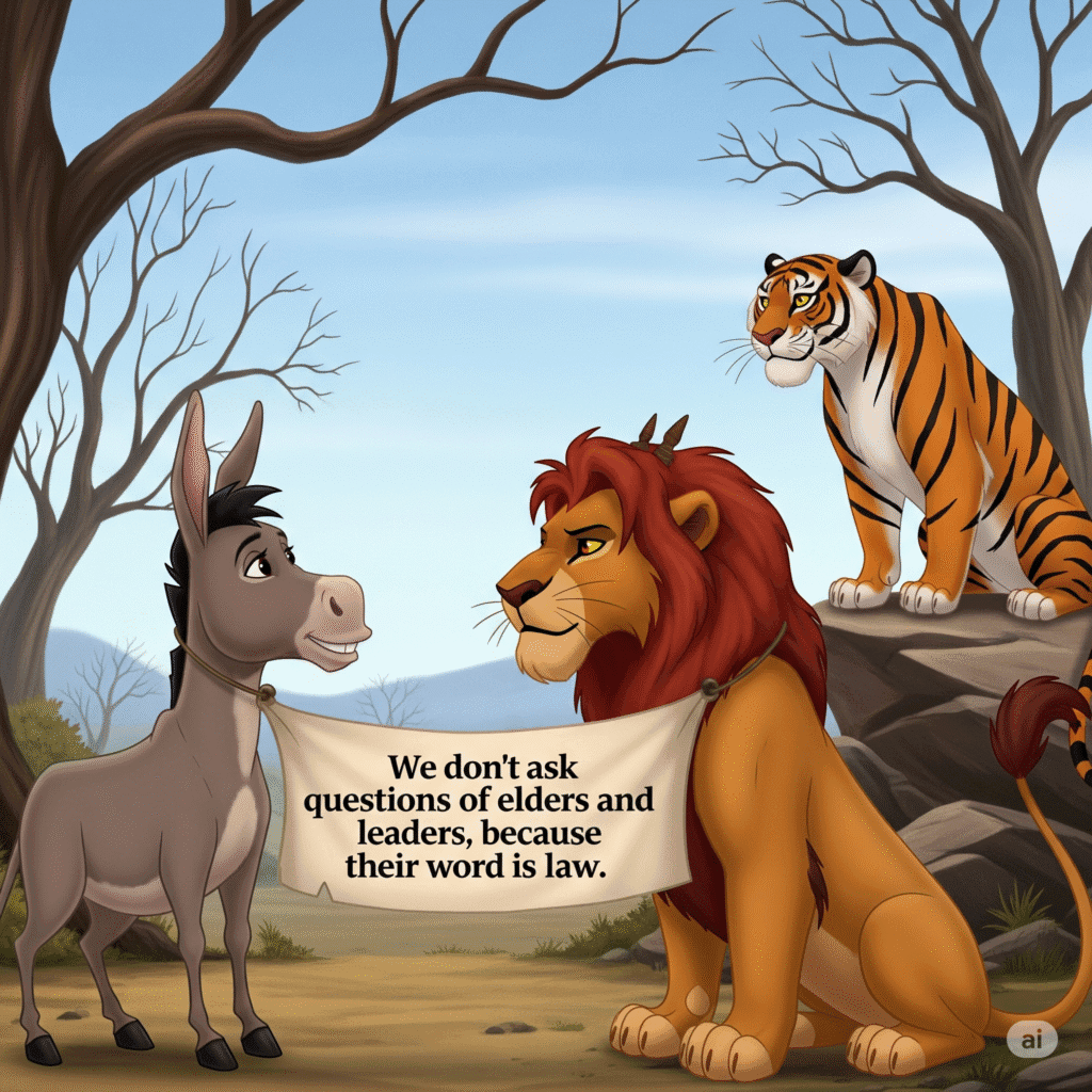 The donkey scoffed. “Why would I? My grandfather’s word is law! This tiger”—he shot a glare at the striped offender—“dares to call me ignorant, when he’s the one denying generations of donkey wisdom! Your Majesty, I want Justice and I want this tiger to be punished?”