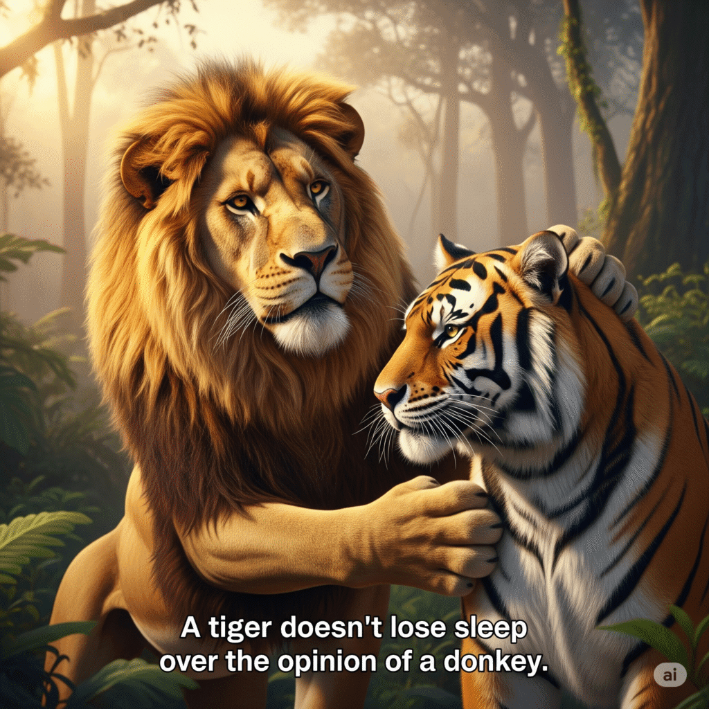 "Your crime wasn't ignorance," the Lion said in an advising tone, "but volunteering for stupidity. A tiger does not beg a donkey for validation." His eyes softened slightly. "Your week of silence isn't wrath—it's the time you'll need to remember your own worth and to reclaim your pride."
