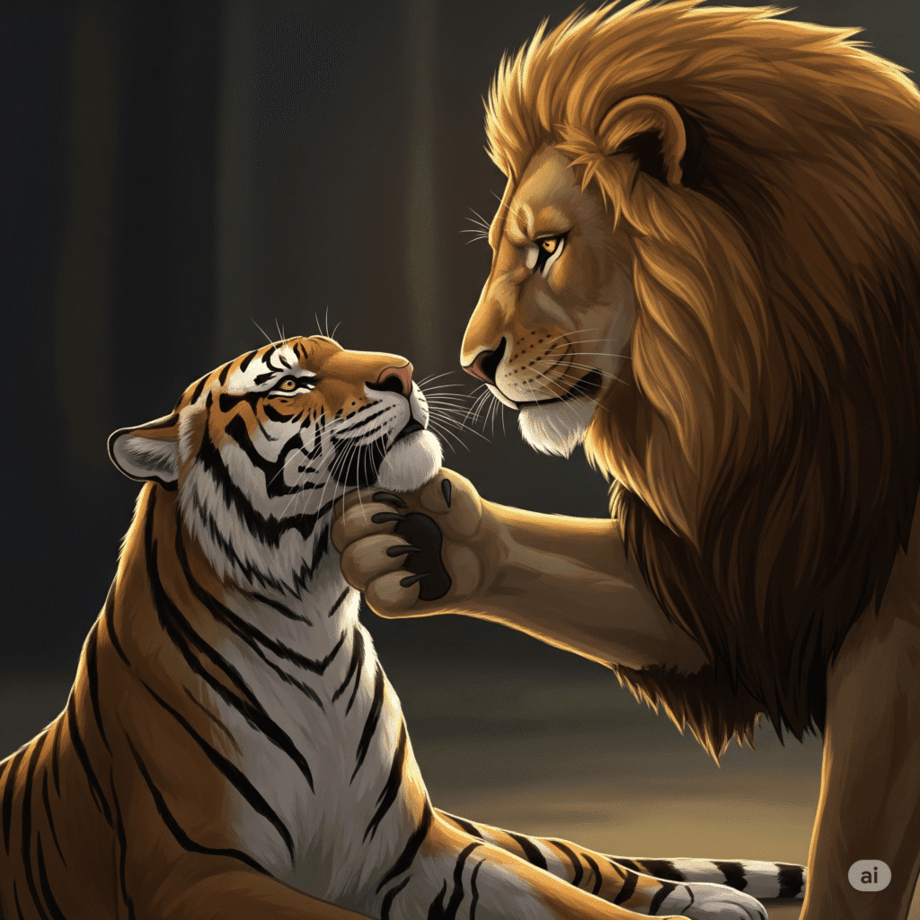 The Lion’s sigh carried the weight of centuries. He circled the tiger slowly, his golden gaze tracing the younger cat’s powerful frame. His massive paw lifted the tiger's chin until their eyes met—gold meeting gold.