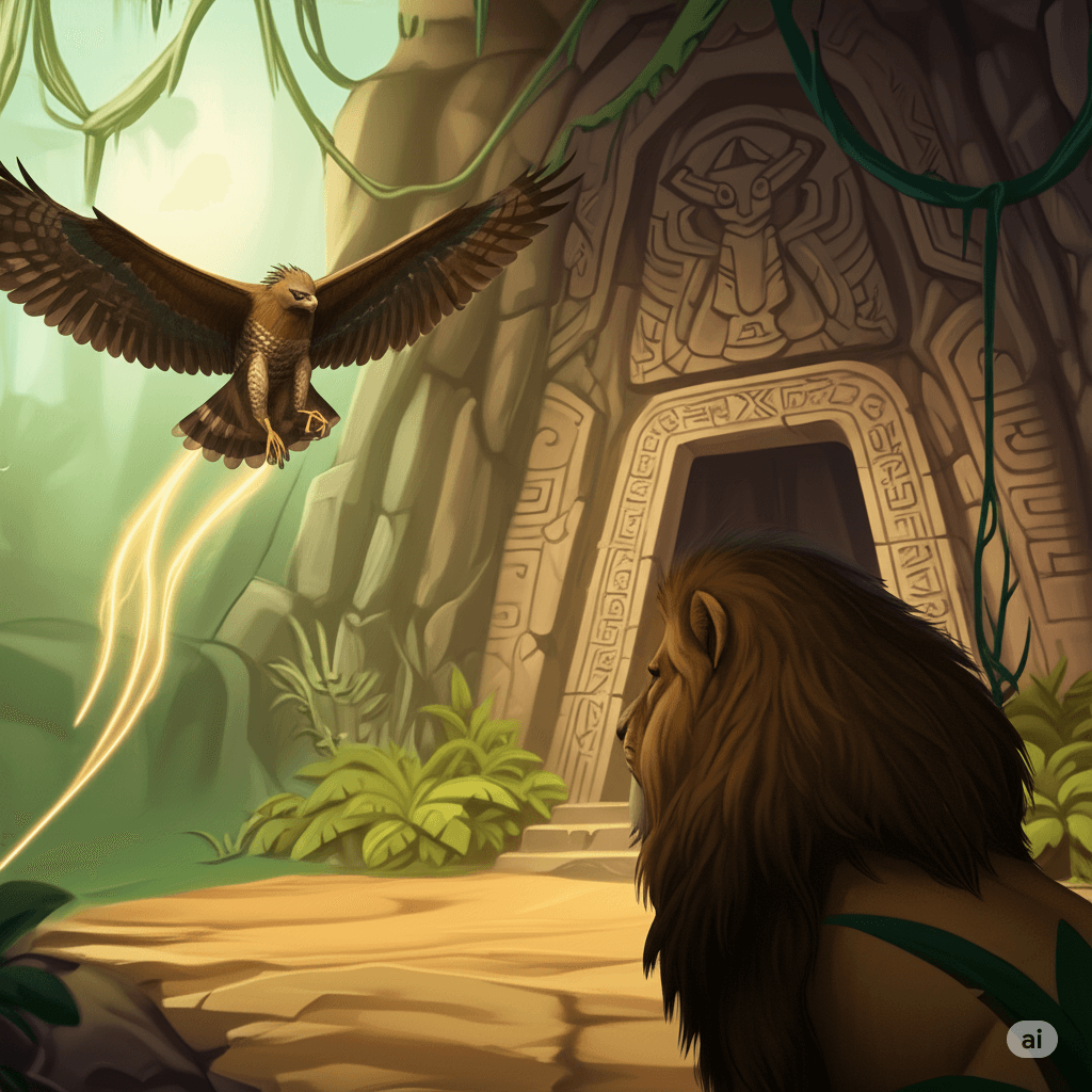 The crested serpent eagle didn't wait to hear the rest. With three powerful wingbeats, she was airborne, streaking toward the royal den like a feathered lightning bolt. She arrived breathless before the Lion King, wings still quivering from her frantic flight. "Your Majesty," she panted, bowing her crested head, "a most unusual sight at our borders - a massive creature, coat like burning embers slashed with midnight stripes, moving with the grace of a hunter. And..." Her beak clacked in disbelief, "it bears upon its back what appears to be... a rather well-fed donkey."