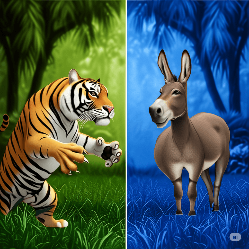 The tiger's stripes seemed to darken with outrage. "You flea-bitten hay-muncher!" he roared, claws unsheathing reflexively. "I've traversed every inch of this jungle since I was a cub. Grass. Is. GREEN." Each word came out like a slap.Unfazed, the donkey merely flicked his tail. "Ah, the classic argument of brute force over facts," he sighed dramatically. "My dear striped simpleton, multiple very reliable sources - which I obviously can't disclose - confirm beyond doubt that Grass is, in fact, BLUE."