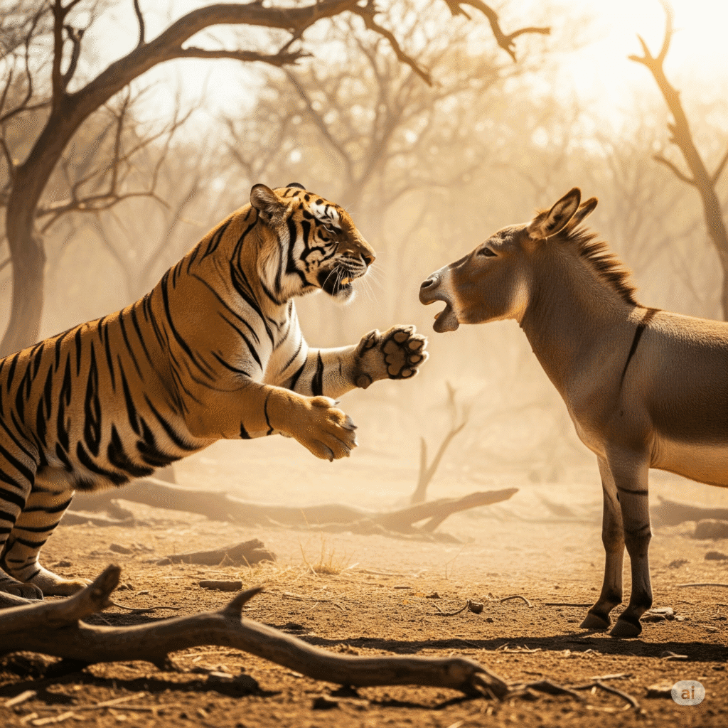 One perfectly ordinary afternoon, the jungle witnessed something extraordinary. A battle of wits erupted between the unlikeliest of opponents - a regal tiger and a obstinate donkey. Their bone of contention? The utterly ridiculous question of what color grass really was.The donkey squared his shoulders, nostrils flaring with self-importance. "Oh mighty tiger," he began, his tone dripping with mock reverence, "you may be the apex predator around here, but when it comes to chromatic facts, you're as clueless as a newborn fawn."