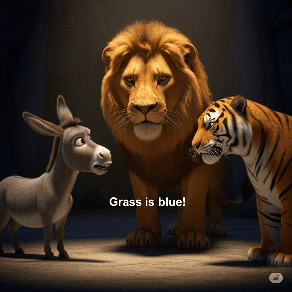 "Your Majesty!" The donkey practically vibrated with impatience, his bray cutting through the formalities. "We've come to settle a matter of utmost importance!" He drew himself up importantly. "This striped simpleton insists grass is green, when any educated creature knows it's clearly blue. As the wisest ruler in all jungles known and unknown, we demand your royal judgment!"