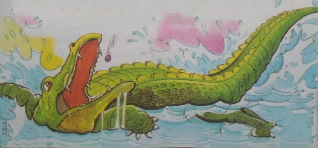 "Ho, monkey!" the crocodile called, voice slick with false charm. "How lucky you are, dining on such sweetness! Would you spare a few for a starving soul?"The monkey, though wary, plucked a handful of jamuns and tossed them down. The crocodile devoured them, the juice staining his teeth. Never had he tasted anything so rich. "My thanks!" he said, slipping back into the water.