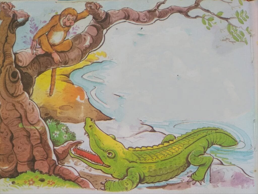 Once, in the murky waters of a winding river, lived a crocodile. His days were spent basking on sun-warmed rocks, jaws parted in a lazy grin. But today, hunger gnawed at his belly. He drifted along the current, eyes scanning the banks—until he spotted a monkey perched high in a jamun tree, its branches heavy with ripe, purple fruit.