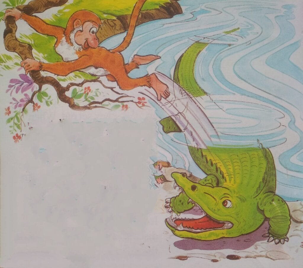 The crocodile, greedy and gullible, surged toward the shore. The moment his belly scraped the mud, the monkey vaulted onto land, his laughter sharp as thorns.