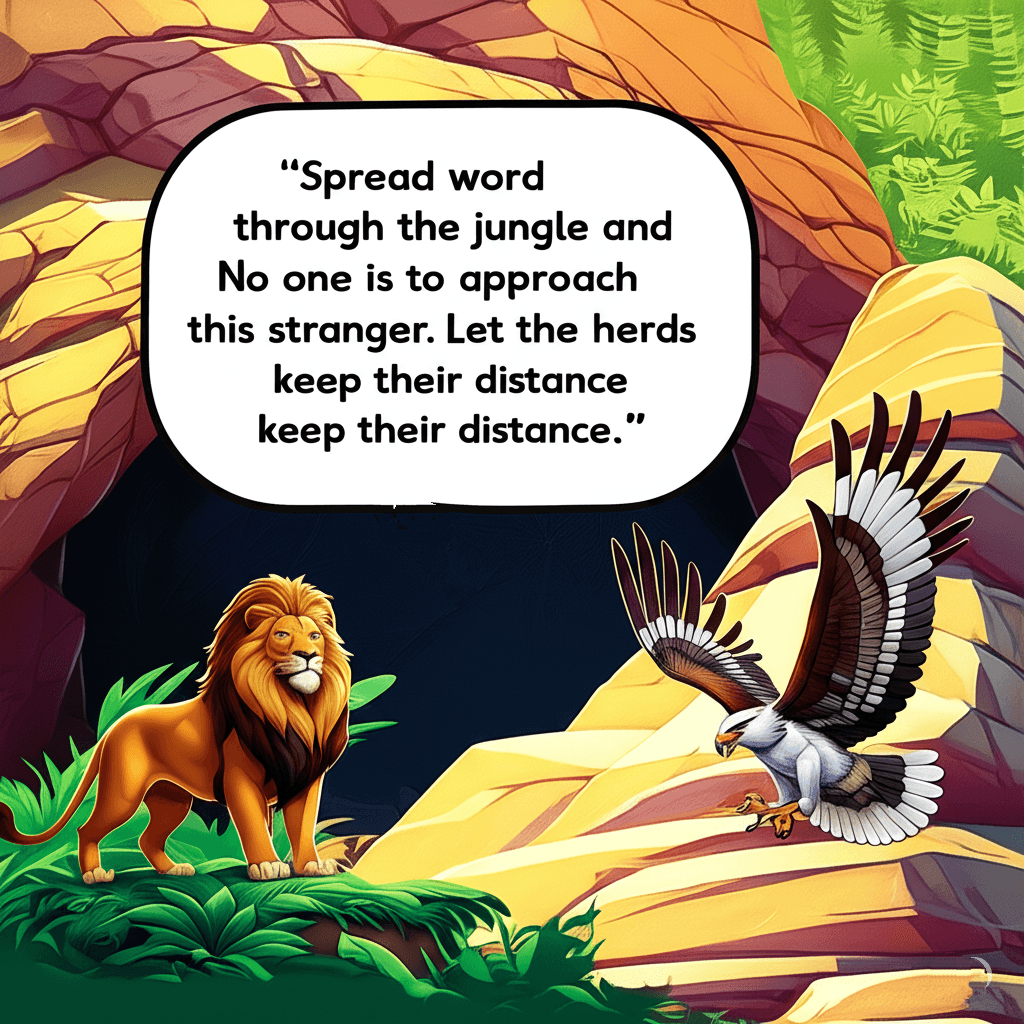 "Spread word through the jungle," he commanded, his deep voice measured. "No one is to approach this stranger. Let the herds keep their distance." As the eagle turned to go, he added, almost as an afterthought, "And... observe carefully. Tell me - does this donkey seem... content? Willing?" The image of a donkey riding a tiger defied all natural order. What game was being played here?