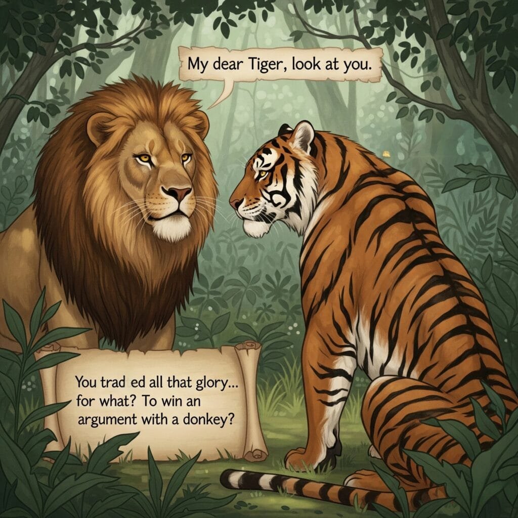 "My dear Tiger," he rumbled, "look at you." A pause. "You’re everything we lions admire—God gave you the hunter’s grace, a scholar’s mind, the courage of storm clouds. Even your stripes mock our plain manes." His voice dropped to a growl. "Yet you traded all that glory... for what? To win an argument with a donkey?"