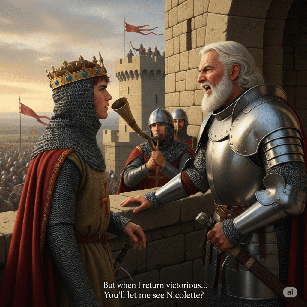 Aucassin returned to the castle to find the banners of Valence gathering like storm clouds along the horizon. His father - that old lion with fading teeth - paced the battlements in a fury, his chainmail clinking like a miser's coin purse. "For the love of God, boy!" the Count roared when he spotted his son. "Arm yourself! Take your charger and lead our men before Valence's dogs tear down our gates!"