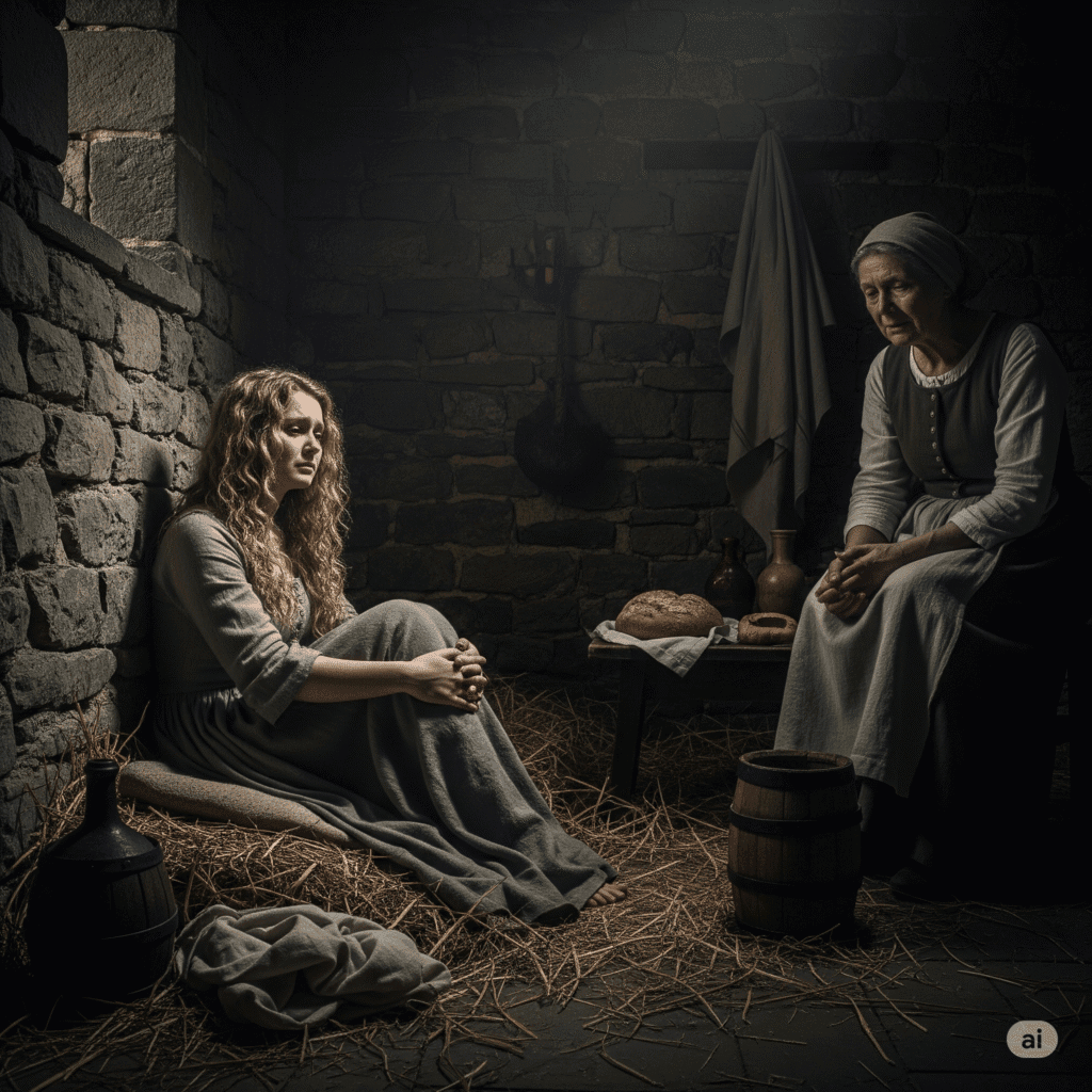 Before the torches had burned down an inch, Nicolette found herself dragged up winding stone steps, her slippers scraping against the mortar. The tower room they threw her into smelled of damp wool and forgotten prayers. A crust of bread, a skin of sour wine, and some toothless crone for company - this was to be her world now.