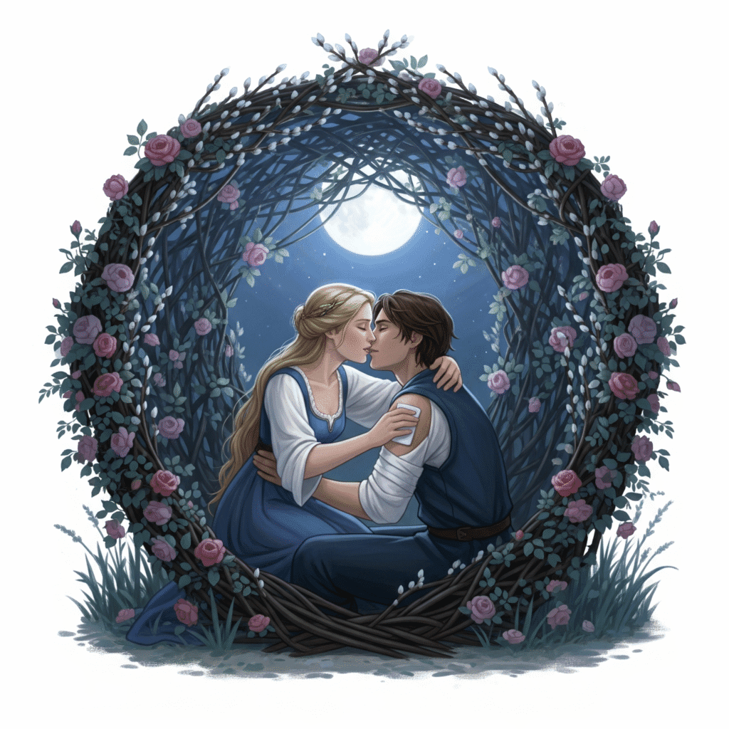 Nicolette burst from the shadows like a second moonbeam, her arms locking around his neck so fiercely he gasped. "At last!" she cried, her lips finding his in the dark. Aucassin laughed against her mouth, his fingers tangling in her unbound hair. "Sweet thief, you've stolen all my hurts away." Her hands—clever, urgent—explored his shoulder until she found the wound. In moments, she'd pressed a poultice of crushed violets and yarrow to his flesh, the herbs cool as forgiveness. When he sighed in relief, she tensed.