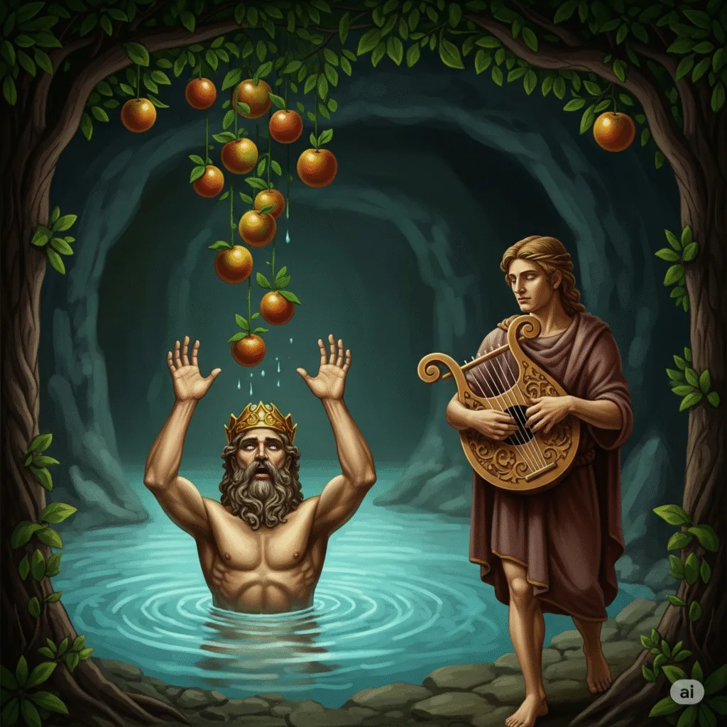 Tantalus – This cruel king stood neck-deep in a pool that receded whenever he tried to drink. Above him, fruit swelled ripe and heavy—always just beyond reach. As the music wrapped around him, his hands stilled. His mouth forgot its thirst.