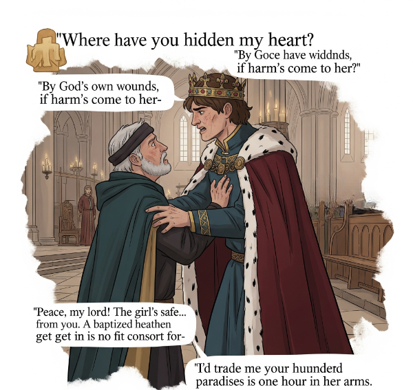 He found the viscount at vespers, gripping the trembling old man's robe so tight the fabric groaned. "Where have you hidden my heart?" Aucassin demanded, his voice raw as a fresh wound. "By God's own wounds, if harm's come to her-" The viscount crossed himself frantically. "Peace, my lord! The girl's safe... from you. A baptized heathen's get is no fit consort for-" "Spare me your sermons," Aucassin spat. "I'd trade a hundred paradises for one hour in her arms."