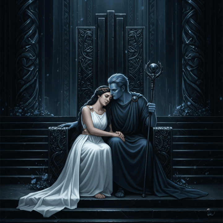 The throne room was carved from obsidian, the air thick with the scent of damp earth and dying embers. Pluto sat like a mountain given form—his skin the grey of tombstone, his crown a circlet of jagged bone. His voice, when he spoke, made the ground tremble. Beside him, Proserpina was winter and spring entwined. Her hair was a cascade of midnight, threaded with white asphodel flowers. Her fingers, pale as moonrise, clutched Pluto’s arm—not in fear, but in fierce possession.