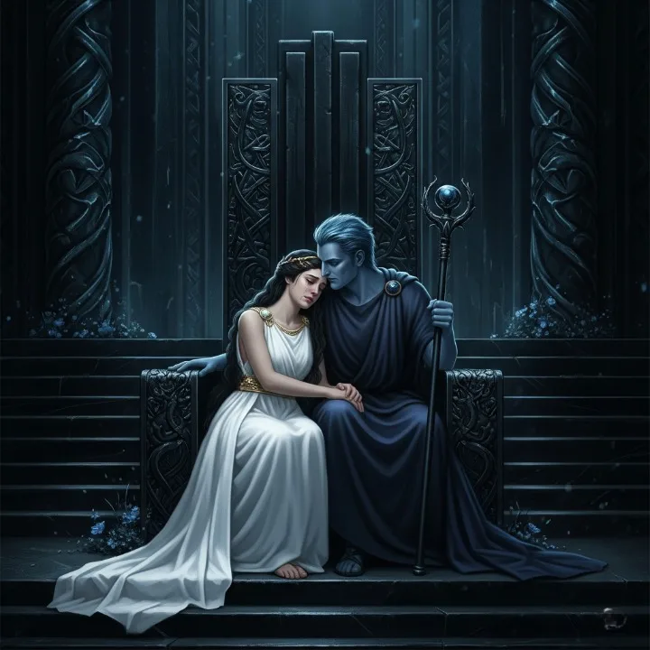 The throne room was carved from obsidian, the air thick with the scent of damp earth and dying embers. Pluto sat like a mountain given form—his skin the grey of tombstone, his crown a circlet of jagged bone. His voice, when he spoke, made the ground tremble. Beside him, Proserpina was winter and spring entwined. Her hair was a cascade of midnight, threaded with white asphodel flowers. Her fingers, pale as moonrise, clutched Pluto’s arm—not in fear, but in fierce possession.