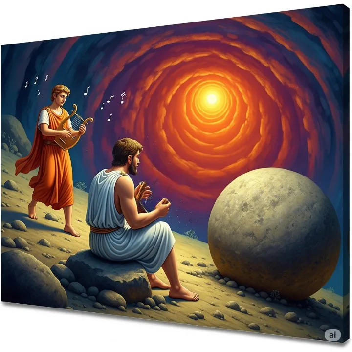 Sisyphus – Naked and gleaming with sweat, the evil king Sisyphus heaved his boulder up the slope, only to watch it roll back down. When Orpheus played, Sisyphus sat on the rock, breathing hard, and for a moment—just a moment—it felt like rest.