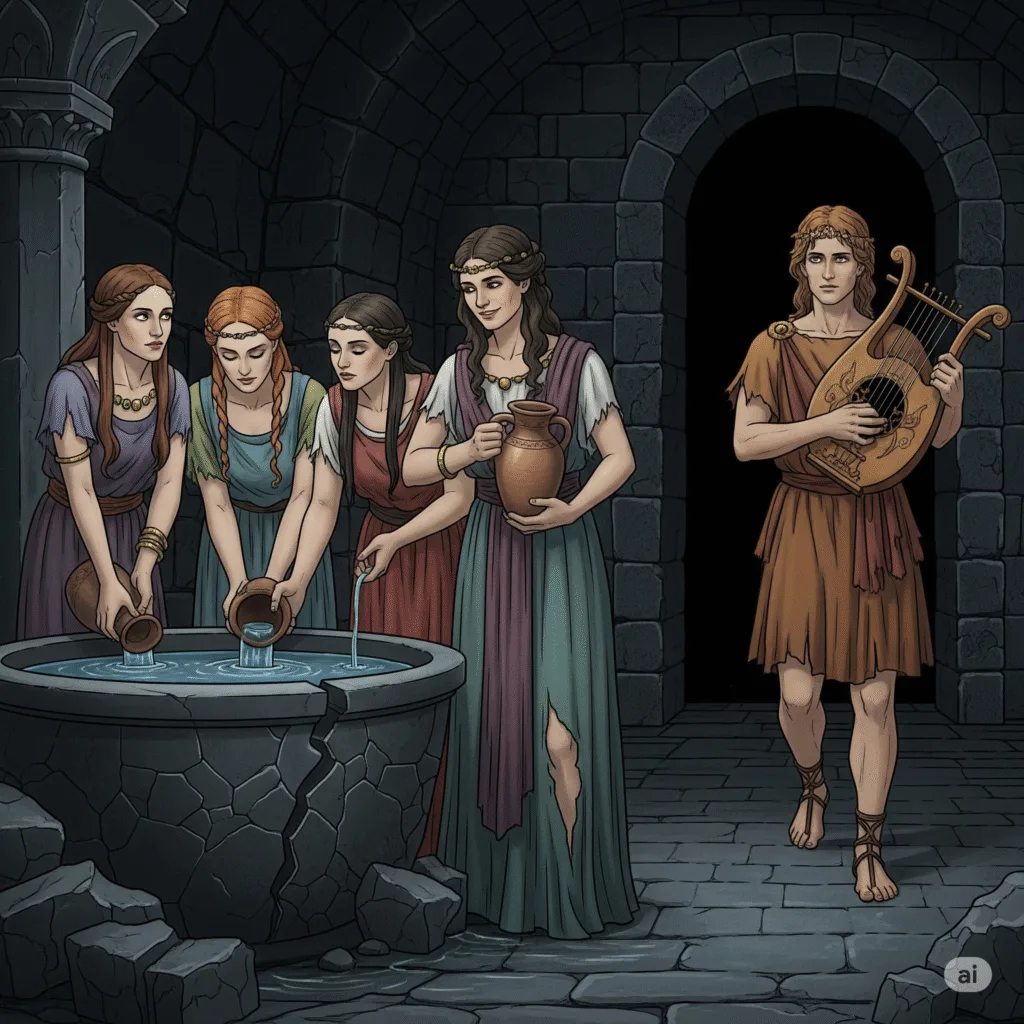 The Danaïdes – These fifty wicked sisters, who murdered their husbands on their wedding night, were doomed to endlessly fill a cracked basin with water. Their arms shook with exhaustion, their dresses soaked through. When Orpheus passed, one dropped her jug—just for a second—and for that second, she smiled.