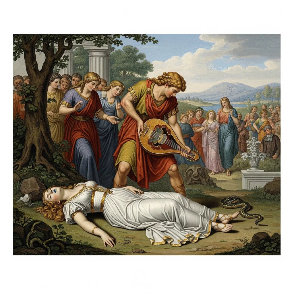Eurydice lay dead on the ground, her lips blue from a viper’s bite, as Orpheus dropped his lyre in desperation and rushed to her, while the viper slithered away. Their wedding turned into mourning.