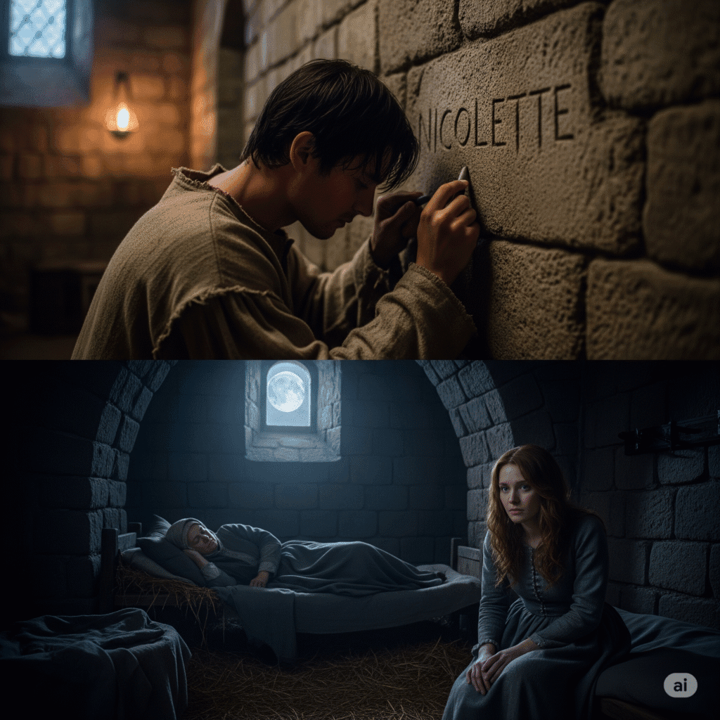 The count, furious at Aucassin's insult, ordered his guards to imprison him. They dragged Aucassin to a damp, dark dungeon where he cried and wrote Nicolette's name on the walls. Meanwhile, under the full May moon, Nicolette quietly waited. Once her guard was asleep, she made her move.