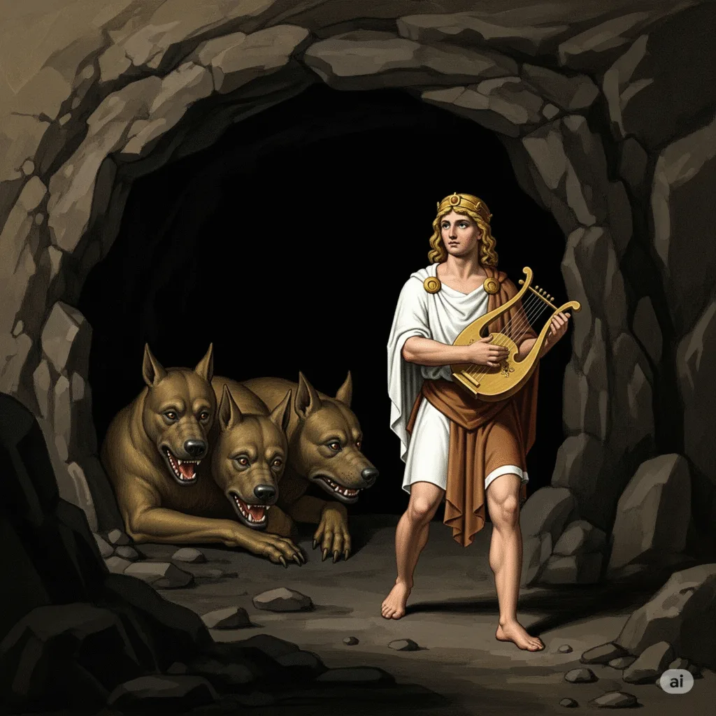At the gates, Cerberus waited—a monstrous mass of muscle and gnashing teeth. Each head snarled with a different hunger: The first for flesh, The second for fear, The third for hope. Orpheus played a lullaby his father once sang to him, slow and deep as a burial mound. The beast’s ears twitched. The middle head whined. And for the first time in eternity, Cerberus whined, lay down, and let him pass.