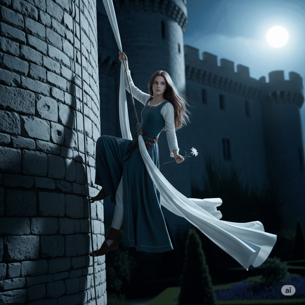 Nicolette used her bedsheets to make a rope in the moonlight. She carefully tied knots and quietly tested the rope on the window bar. The nightingale's singing covered any noise. Her hands burned as she climbed down the castle wall, but thinking of Aucassin kept her going. She finally reached the ground. On the dewy grass, Nicolette paused to pick a white flower for Aucassin. She then bravely disappeared into the dark garden, facing unknown dangers.