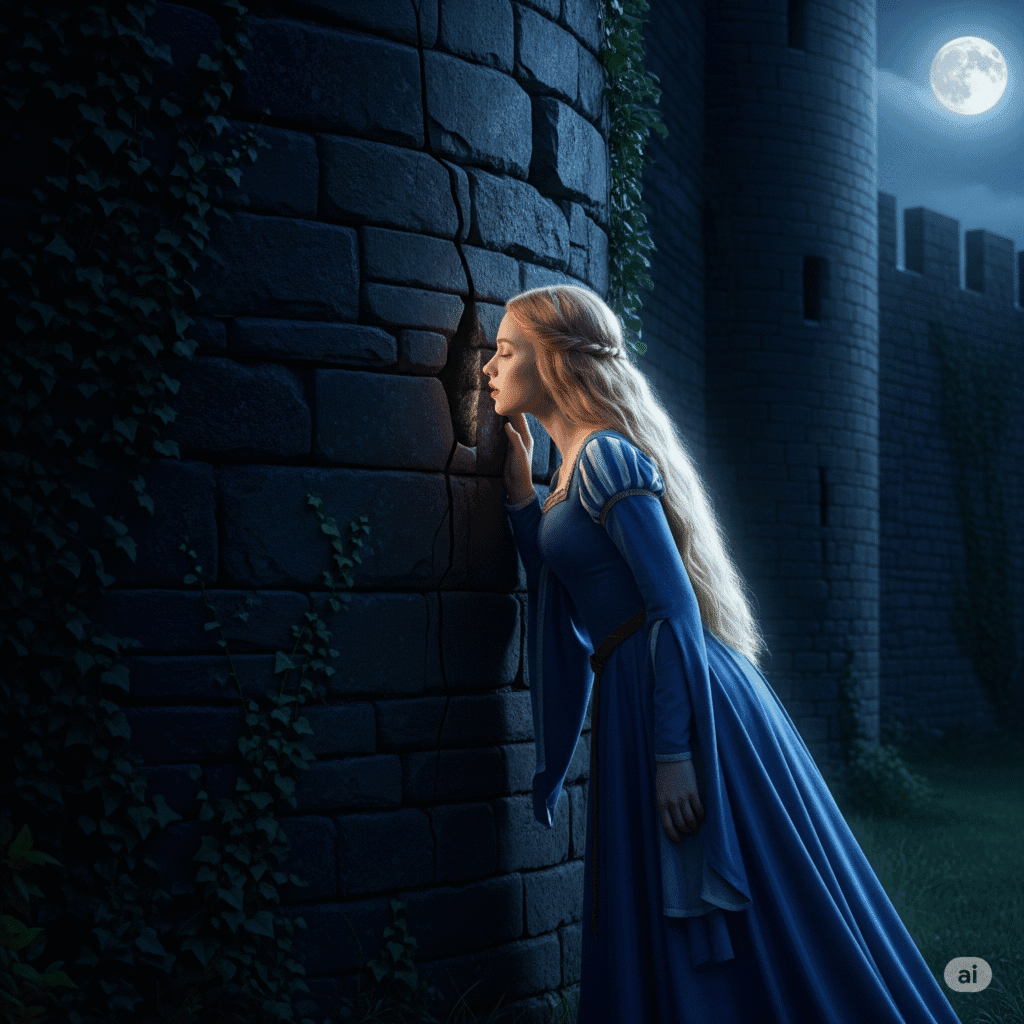 The moonlight made Nicolette look beautiful, highlighting her golden hair and delicate features. Her lips were redder than any rose, and her waist was slender. Her skin was so pale that even the white flowers seemed dull in comparison. She moved silently towards the walls of Beaucaire, when she heard Aucassin's voice, full of sadness, coming from a crack in the tower. She put her lips close to the wall and said: "Be quiet, my love. Your father hates me too much. I have to escape, or you will be destroyed because of me."