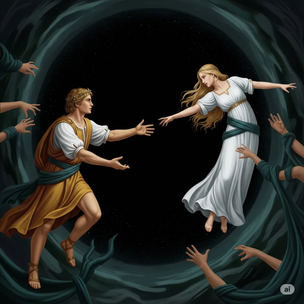 But doubt crept into Orpheus’s heart.What if she isn’t there? What if the gods deceived him?His heart pounded. His resolve wavered.And—he turned.For one fleeting moment, she was there. Eurydice—real, breathing, her eyes full of love and fear. Then, like mist before the dawn, she faded.“Orpheus—!” Her voice, desperate and fading, was the last thing he heard before the darkness swallowed her whole.