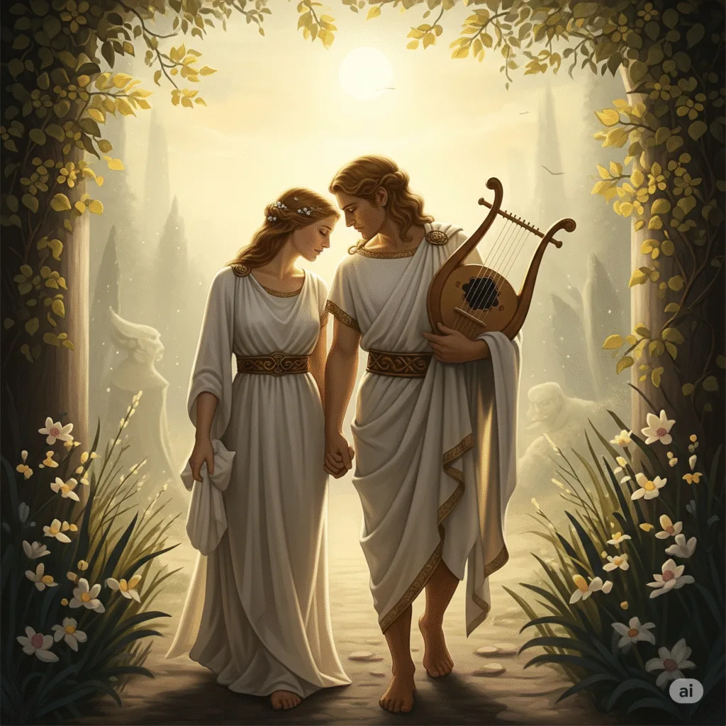 Now they walk together through Elysium’s eternal twilight, their fingers permanently entwined like roots of ancient trees. Sometimes Orpheus’ hand still drifts toward his lute out of old habit—but then he catches the sound of Eurydice’s laughter, a melody that needs no accompaniment.Her voice tells him stories as they wander: how the asphodel flowers smell after the first ghostly rain, how the light here never burns but always soothes, how she’d waited by the Styx counting centuries until he came.He listens. Really listens this time.And when she pauses to press her forehead against his, the lute at his back stays silent. Some joys are too perfect for music.Never more to be parted, one from the other.