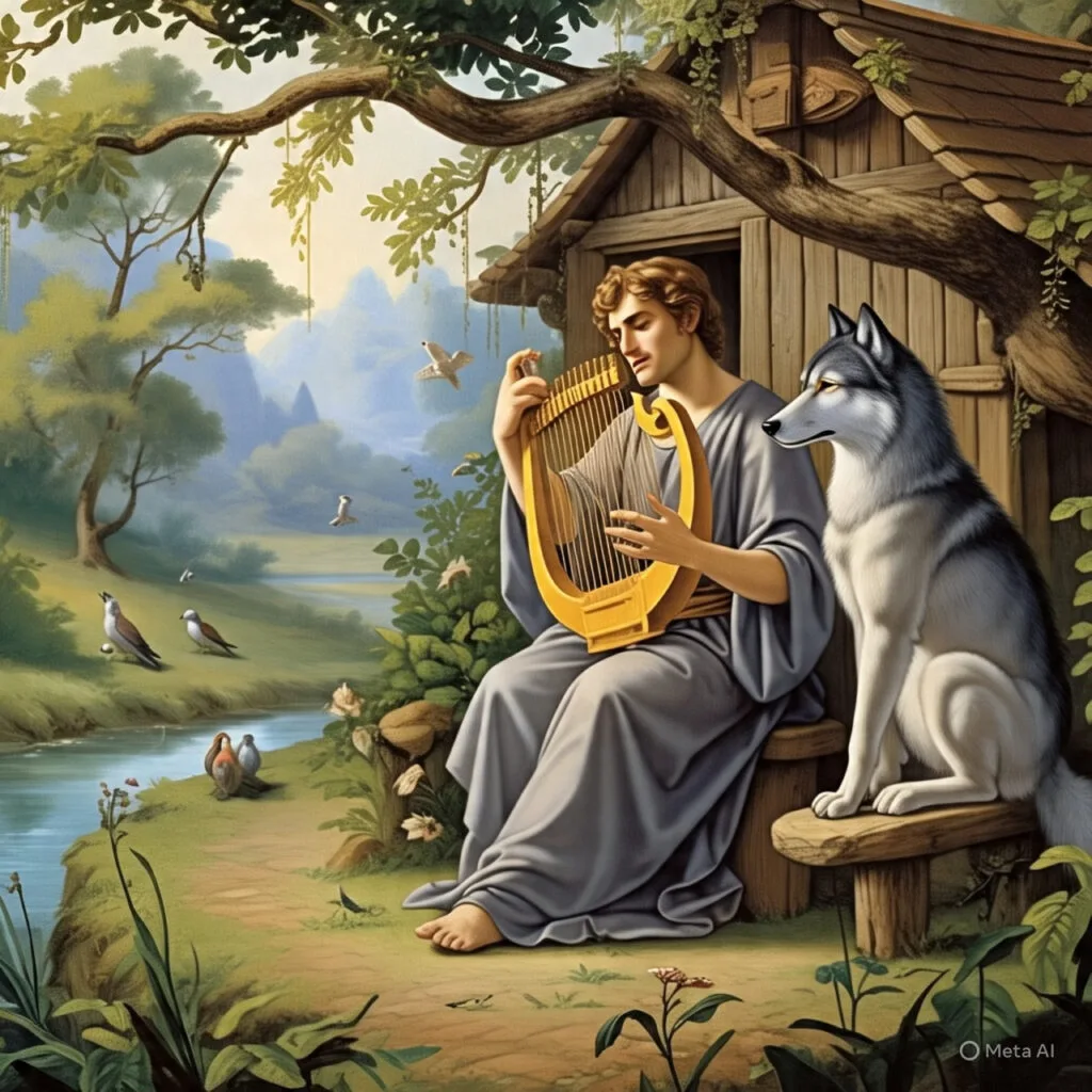 Orpheus’ Gift
The musician Orpheus needed only one thing: his gold-stringed lyre (not a mere lute—this was an instrument whispered into existence by Apollo himself). When he played, the world stilled to listen: Wolves laid down their prey, eyes glazing like tamed pups.Oak trees groaned as they uprooted, leaning close enough to brush his shoulder.Even the mountains of Thrace shivered, their granite cheeks wet with unseen tears.