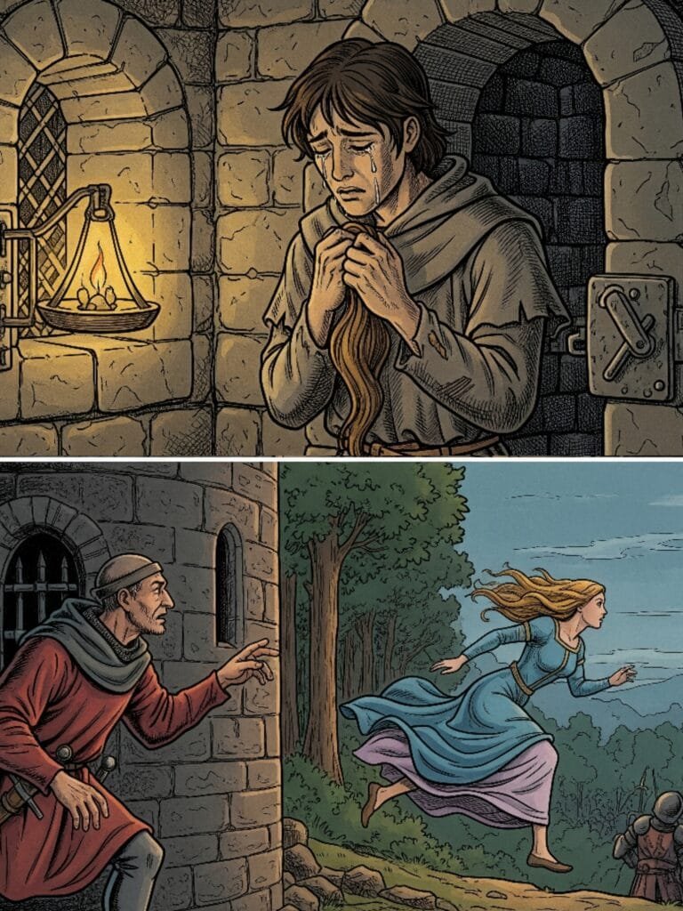 With a swift cut, Nicolette snipped a lock of her hair. Aucassin, clutching it, wept at the thought of being separated from her, swearing he'd die without her. Nicolette, though also crying, gently teased him for his dramatic devotion, yet found it sweet. Their secret meeting, however, was spotted by Old Guibert, the tower watchman. He saw Nicolette's hair just as the count's men, carrying torches, approached. Having witnessed too many burnings, Guibert quickly warned Nicolette to flee into the woods to avoid being captured and executed. With a final look at the tower where Aucassin still sobbed, Nicolette disappeared into the forest.