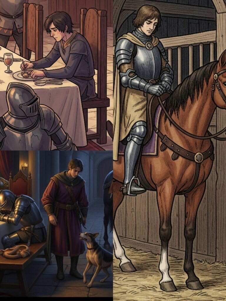 The Count, wine sloshing, declared, "Tonight we celebrate!" But Aucassin, deaf to the merriment, pushed his food around. He sneaked away from the drunken feast, past snoring knights and a sad hound. Quietly, he saddled his bay horse, its warm breath a conspirator.