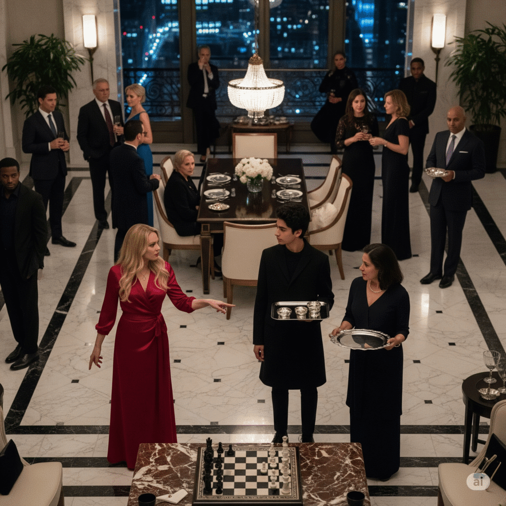 A tense encounter in a luxurious New York penthouse. Danielle Truman, a wealthy socialite, attempts to entertain her powerful guests by mocking Zohran Madani, a 17-year-old waiter, about his presumed lack of chess knowledge, implying he only knows "street chess." Her condescending challenge and the guests' derisive laughter highlight the casual cruelty of the elite. Zohran, though silent, feels the sting, while his mother, Maira, a long-time cleaner for Danielle, silently endures the humiliation, reflecting on Danielle's transformation into a more dangerous figure fueled by power.